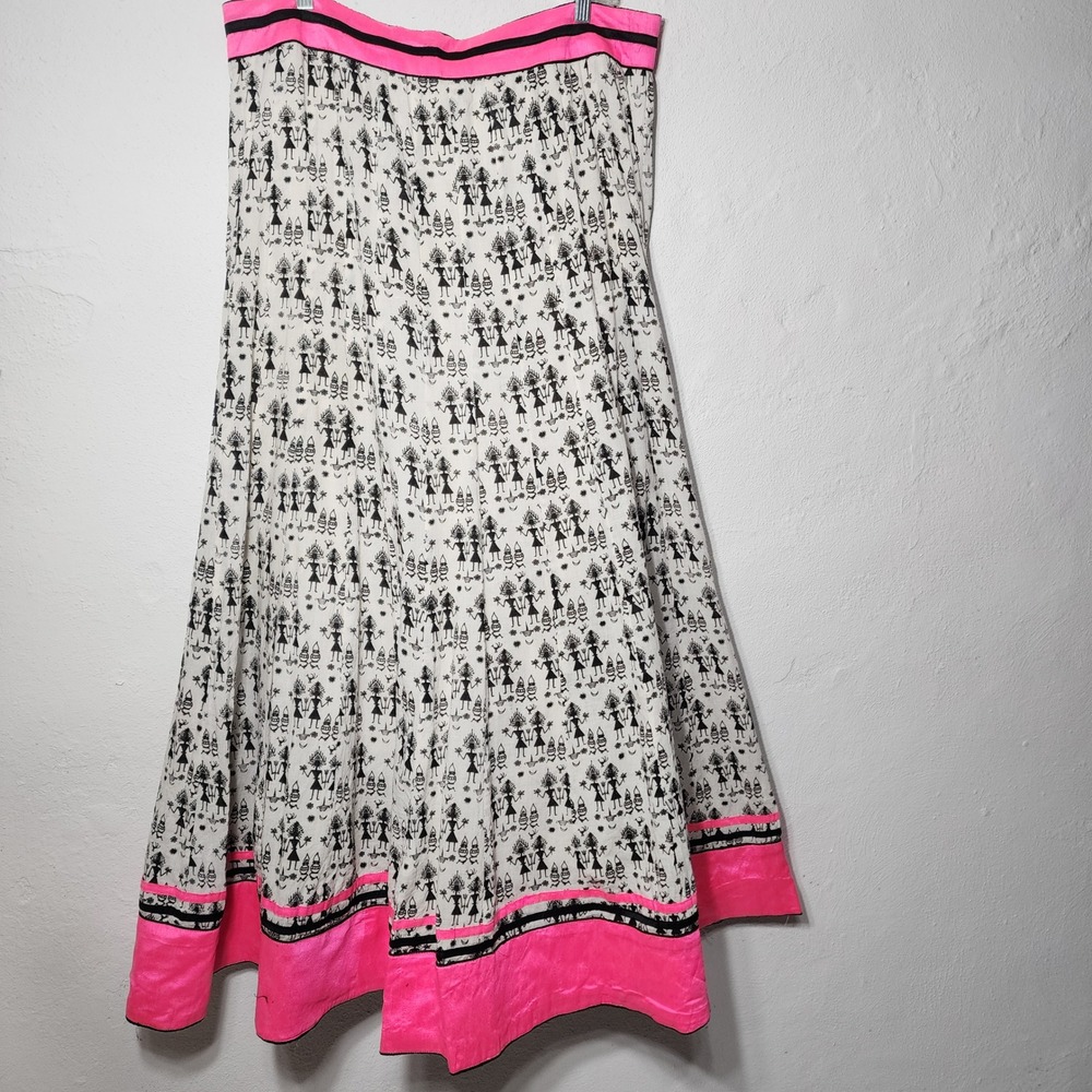 Folk Tribal Print Maxi Skirt Women L White Pink Good Tassel‎ Detail Boho